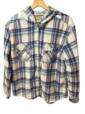 Boston Traders Plaid Hooded Sherpa Button-Up Shirt Jacket - Blue & White Size XL